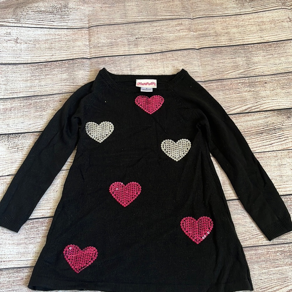 Flap doodles black sweater with sequin hearts